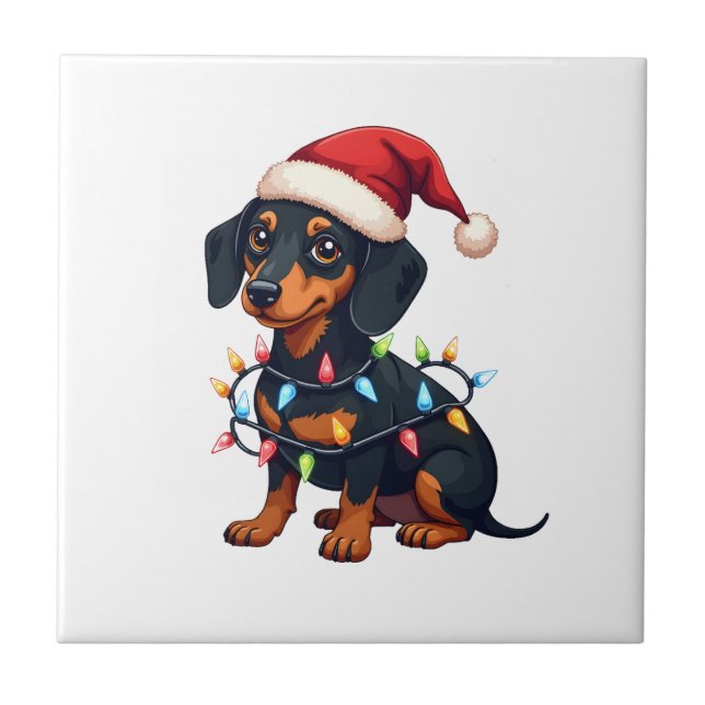Dachshund Christmas Lights Santa Hat Xmas Dog Love Ceramic Tile (Front)