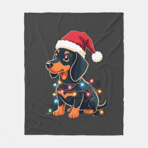 Dachshund Christmas Lights Santa Hat Xmas Dog Love Fleece Blanket