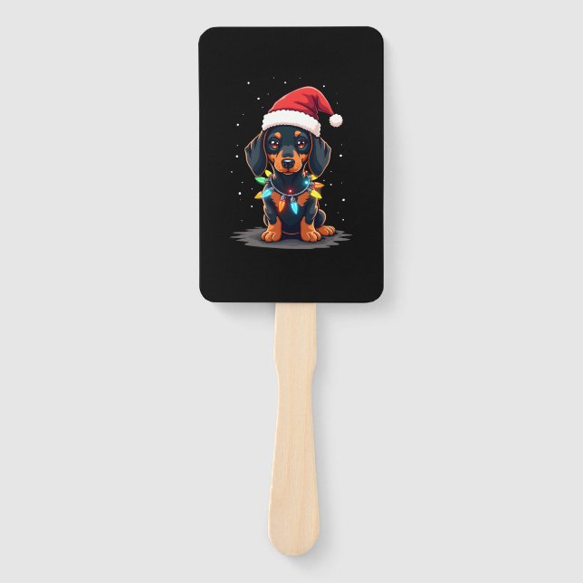 Dachshund Christmas Lights Santa Hat Xmas Dog Love Hand Fan (Front)