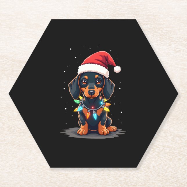 Dachshund Christmas Lights Santa Hat Xmas Dog Love Paper Coaster (Front)