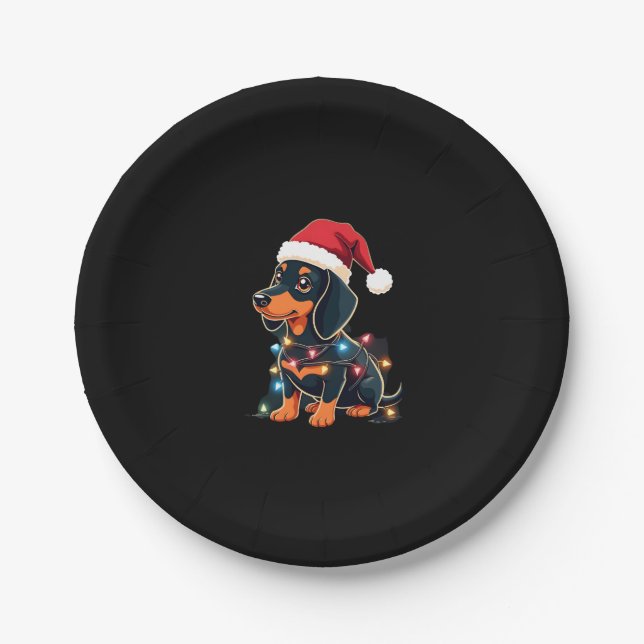 Dachshund Christmas Lights Santa Hat Xmas Dog Love Paper Plate (Front)