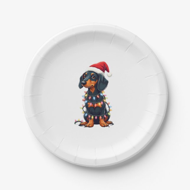 Dachshund Christmas Lights Santa Hat Xmas Dog Love Paper Plate (Front)