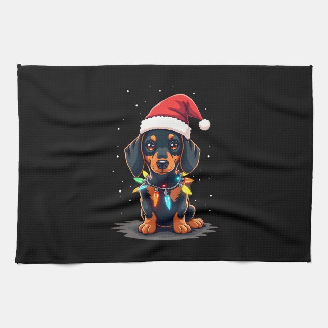 Dachshund Christmas Lights Santa Hat Xmas Dog Love Tea Towel (Horizontal)