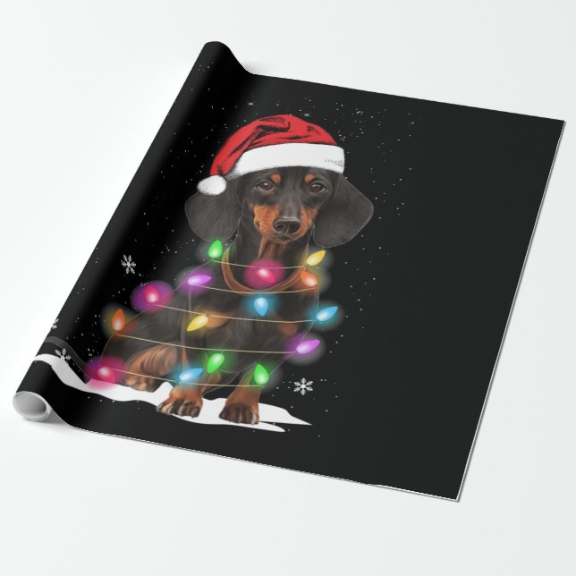 Dachshund Christmas Lights With Snow Wrapping Paper (Unrolled)