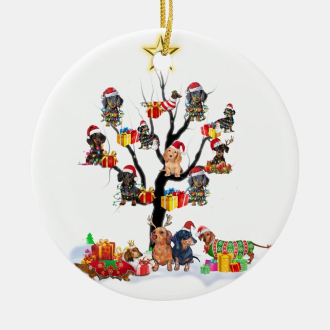 Dachshund Christmas On Tree Shirt Xmas Gift Ideas Ceramic Ornament (Front)