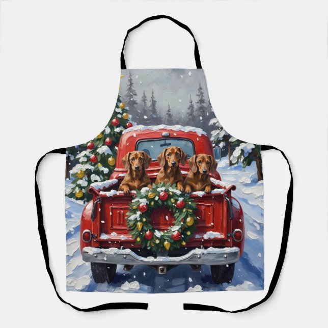 Dachshund Christmas Red Truck Holiday Apron (Front)