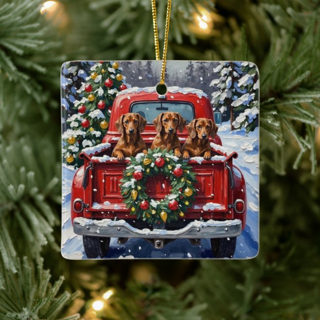 Dachshund Christmas Red Truck Holiday Ceramic Ornament (Tree)