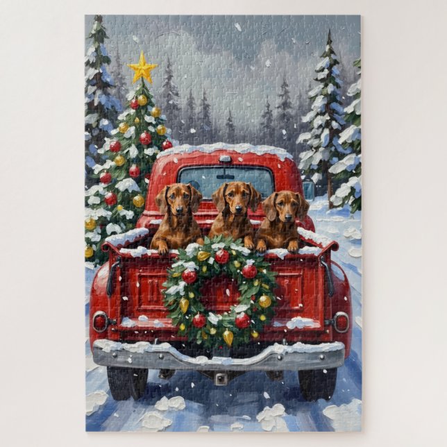 Dachshund Christmas Red Truck Holiday Jigsaw Puzzle (Vertical)