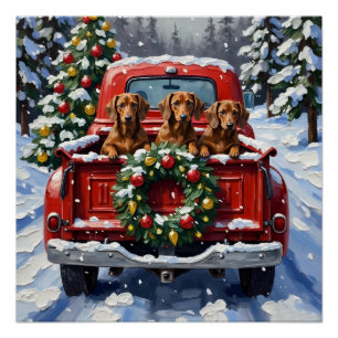 Dachshund Christmas Red Truck Holiday Poster