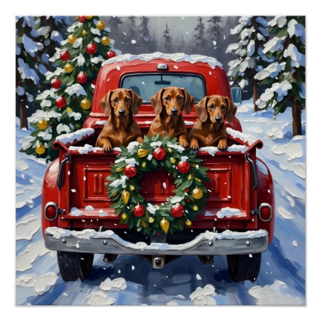 Dachshund Christmas Red Truck Holiday Poster (Front)