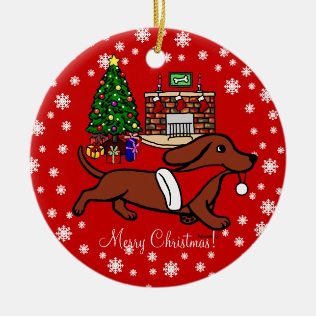 Dachshund Christmas Running Ceramic Ornament (Front)