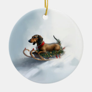 Dachshund Christmas snow winter Ceramic Ornament