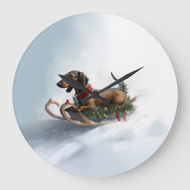Dachshund Christmas snow winter Large Clock (Front)