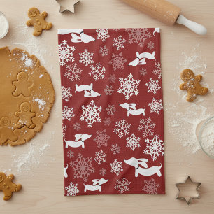 Dachshund Christmas Snowflake Red Dish Towel