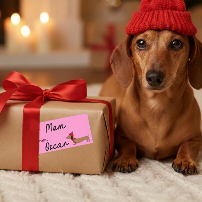 Dachshund Christmas Sticky Gift Tags Labels  (Pink dachshund gift tags - Christmas)