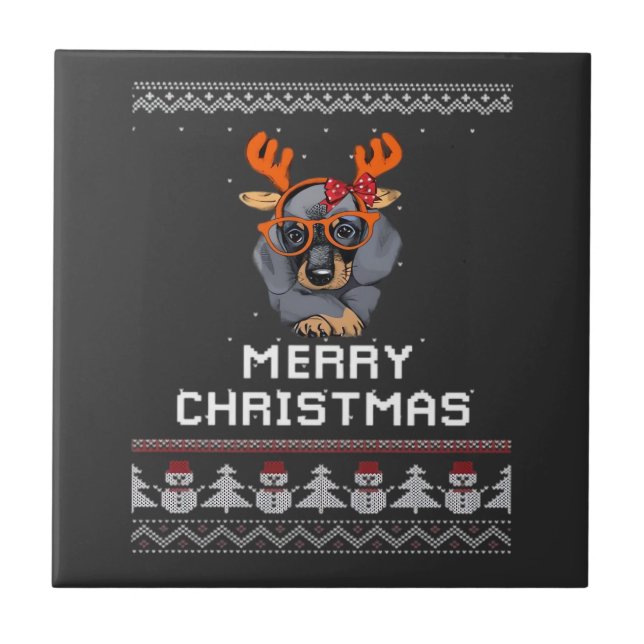Dachshund Christmas Sweater Oversized T-Shirt Ceramic Tile (Front)
