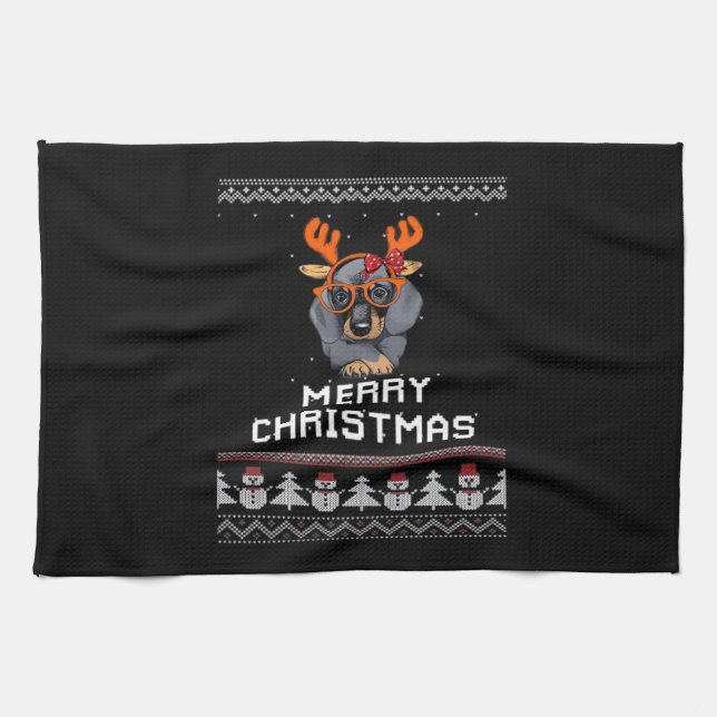 Dachshund Christmas Sweater Oversized T-Shirt Tea Towel (Horizontal)