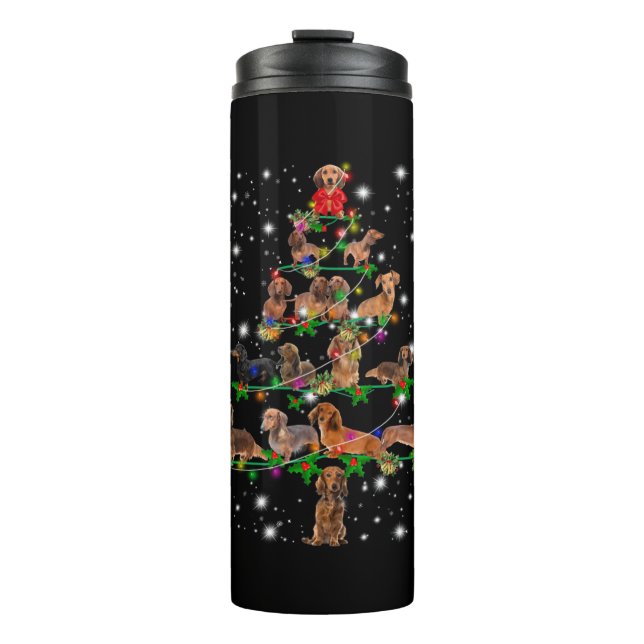 Dachshund Christmas Tree Covered By Flashlight Thermal Tumbler (Front)