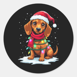 Dachshund Christmas Tree Cute Santa Hat Lights Xma Classic Round Sticker