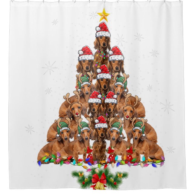Dachshund Christmas Tree Dog Xmas Lights Pajamas Shower Curtain (Front)