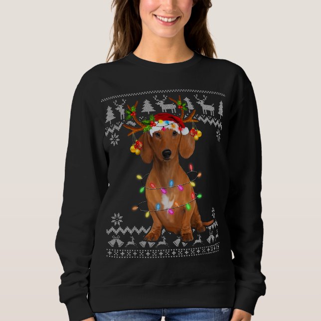 Dachshund Christmas Tree Light Santa Hat Dog Lover Sweatshirt (Front)