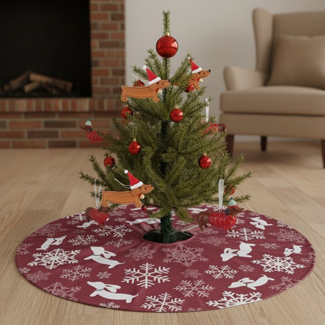 Dachshund Christmas Tree Skirt Wiener Dog Holiday (Red and white dachshund Christmas tree skirt, featuring tiny dachshunds and snowflakes)