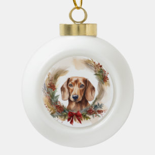 Dachshund Christmas Wreath Festive Pup  Ceramic Ball Christmas Ornament