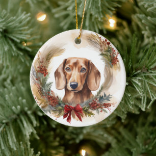 Dachshund Christmas Wreath Festive Pup  Ceramic Ornament
