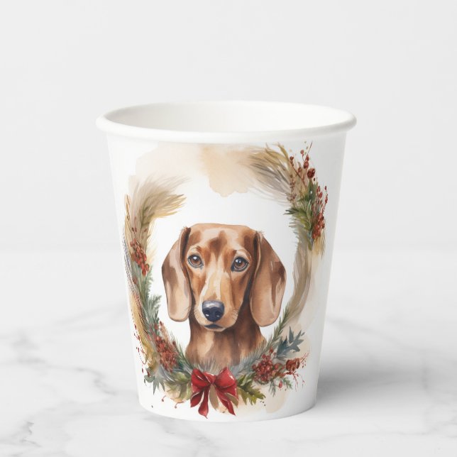 Dachshund Christmas Wreath Festive Pup  Paper Cups (Front)