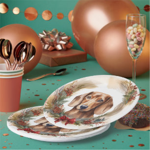 Dachshund Christmas Wreath Festive Pup Paper Plate