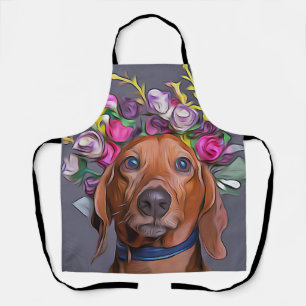 Dachshund Close Up Of Dachshund Wearing Flowers Apron