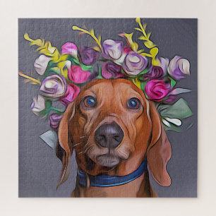 Dachshund Close Up Of Dachshund Wearing Flowers Jigsaw Puzzle