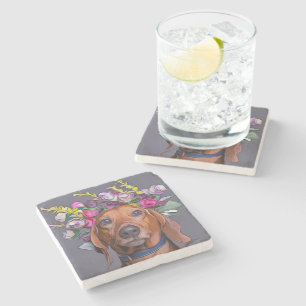 Dachshund Close Up Of Dachshund Wearing Flowers Stone Coaster