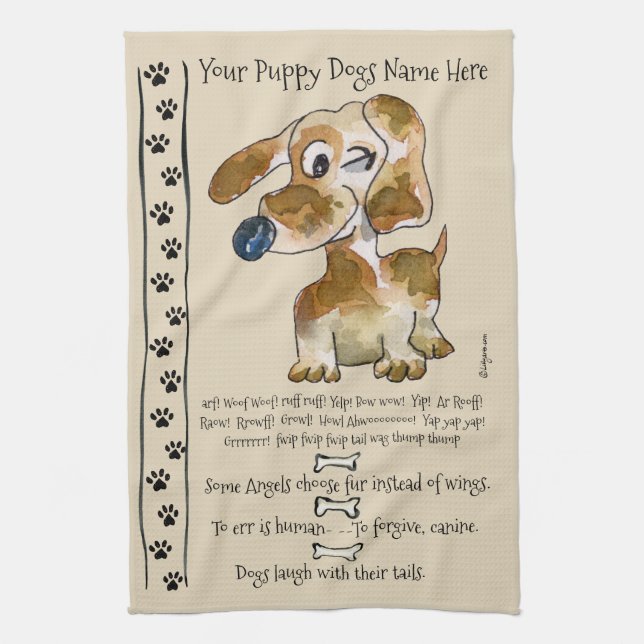 Dachshund Crossbreed Cartoon Dog Quotes Kitchen Tea Towel (Vertical)