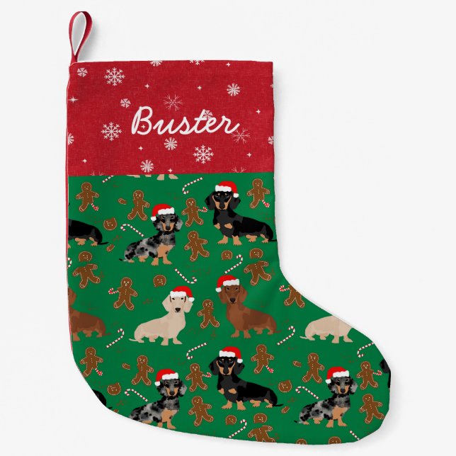 Dachshund custom dog name gingerbread small christmas stocking (Front)