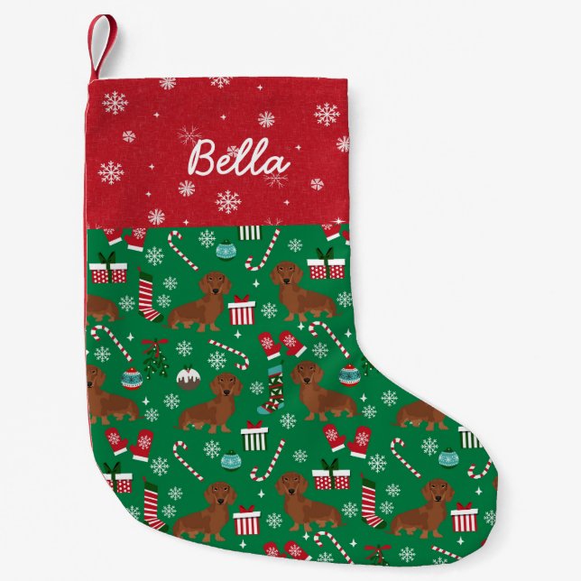 Dachshund custom pet name small christmas stocking (Front)