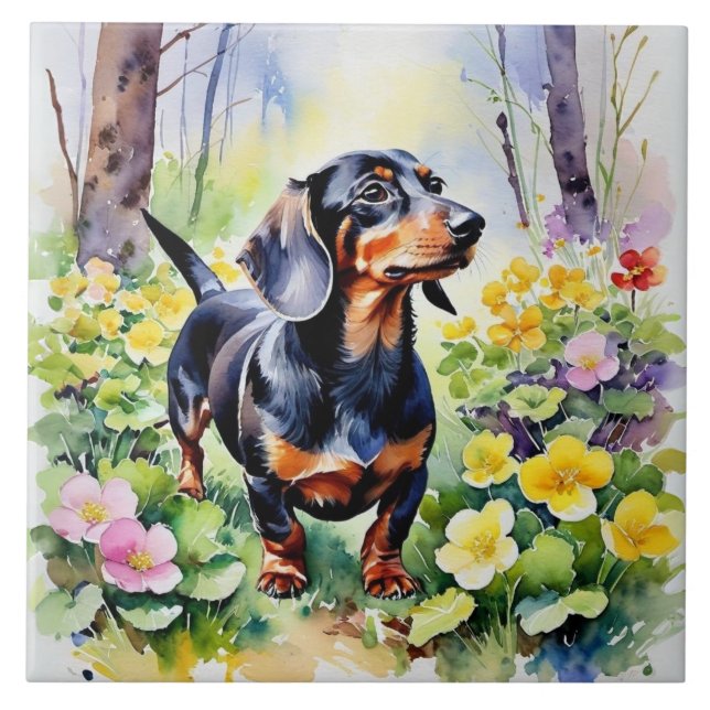 Dachshund Cute Sausage Dog Spring Primrose Flowers Ceramic Tile (Front)