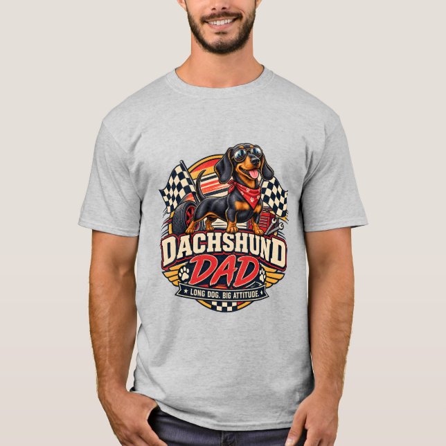 Dachshund Dad Racing Chequered Flag Long Dog T-Shirt (Front)