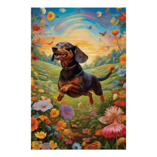 Dachshund Dancing With A Colourful Butterfly Poster
