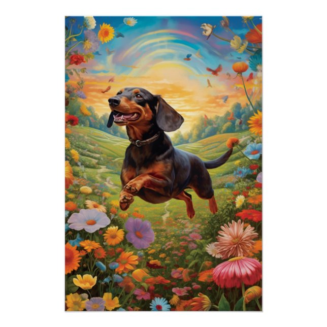 Dachshund Dancing With A Colourful Butterfly Poster (Front)