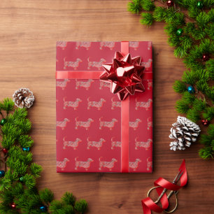 Dachshund Daxie Christmas Dog Cute Silhouette Red Wrapping Paper