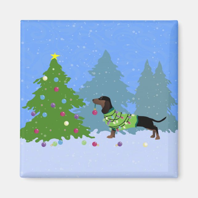 Dachshund Decorating Christmas Tree in forest Magnet (Front)