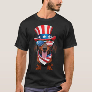 Dachshund Dog American Flag Glasses Hat 4th of Jul T-Shirt
