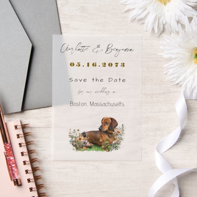 Dachshund Dog and Wildflowers Save the Date Vellum Invitations (Wedding)