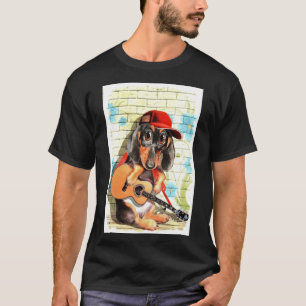 Dachshund Dog Art With Guitar And Hat T-Shirt