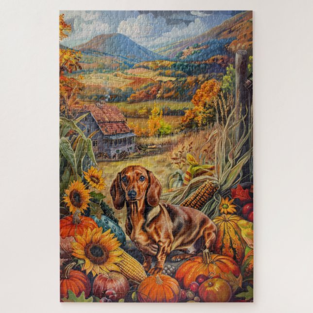 Dachshund Dog Autumn Harvest Thanksgiving Jigsaw Puzzle (Vertical)