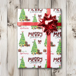 Dachshund Dog, Bird and Christmas Tree Wrapping Paper<br><div class="desc">The repeated pattern on this cute Christmas wrapping paper is an image of an adorable Dachshund Dog wearing a red and white Santa hat. The dog sits among brightly wrapped gift packages beside a decorated Christmas tree. A bullfinch bird is landing on the tree behind it. Stylised red and black...</div>