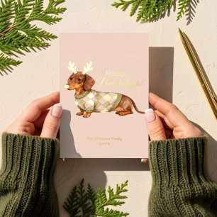 Dachshund Dog Christmas Checkered Sweater Photo Foil Holiday Card
