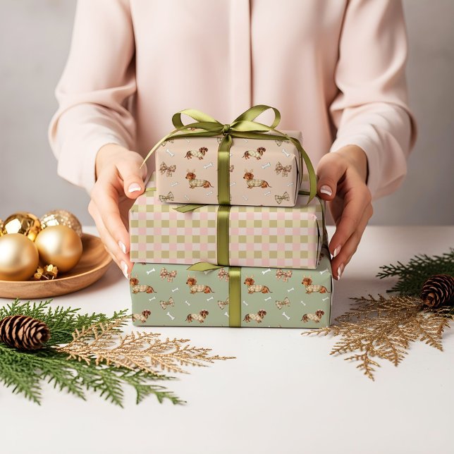 Dachshund Dog Christmas Chequerboard Sweater Bow Wrapping Paper Sheet (Dachshund Dog Christmas Checkerboard Sweater Bow Wrapping Paper Sheets)