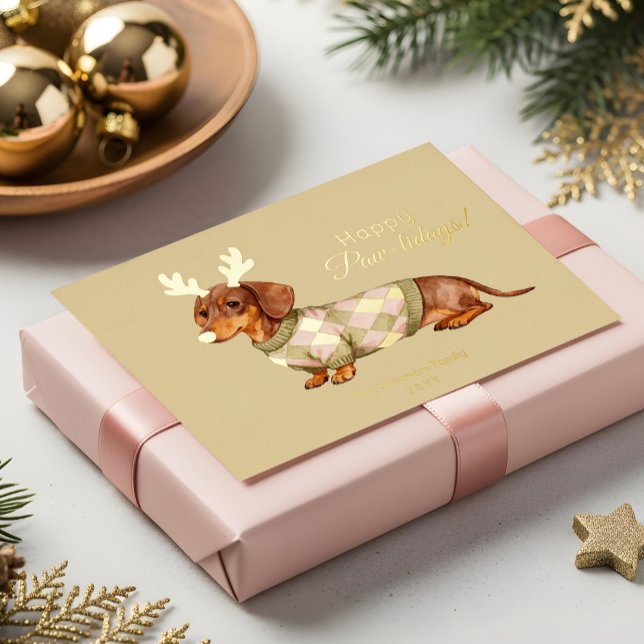 Dachshund Dog Christmas Chequered Sweater Photo Foil Holiday Card (Dachshund Dog Christmas Checkered Sweater Photo Foil Holiday Card)